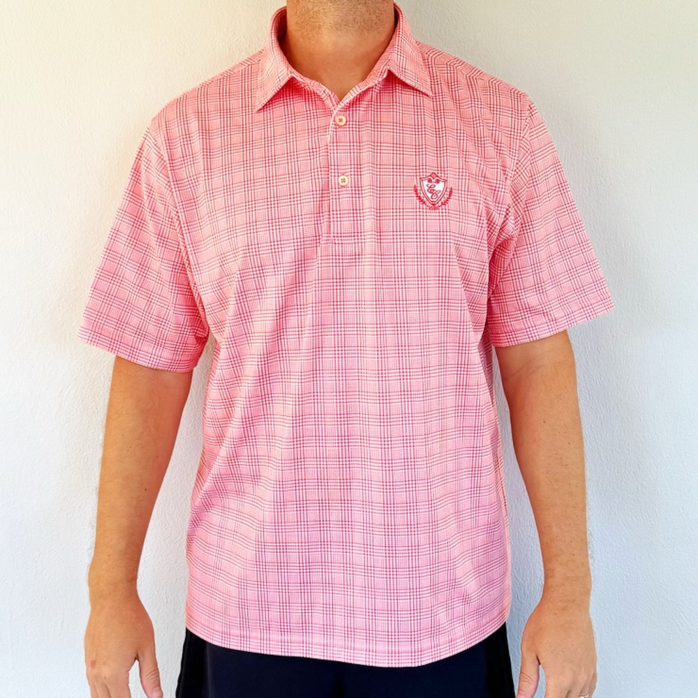 Donald Ross peach pink white plaid check print golf polo shirt size large